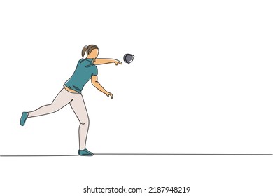 Single continuous line drawing of young sportive woman practice to powerfully throw shot put on the court stadium. Athletic games sport concept. Trendy one line draw design vector graphic illustration