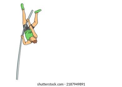 Single continuous line drawing of young sportive man training pole vault jump vertically in the field. Healthy athletic sport concept. Tournament event. Trendy one line draw design vector illustration