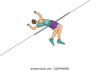 Single continuous line drawing young man training to pass the bar in high jump game in field. Healthy athletic sport concept. Tournament event. Trendy one line draw graphic design vector illustration
