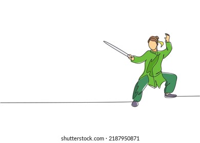 Single continuous line drawing of young woman wushu fighter, kung fu master in uniform training with sword at dojo center. Fighting contest concept. Trendy one line draw design vector illustration