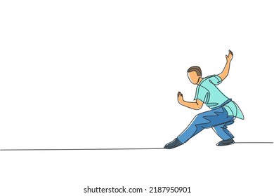 Single continuous line drawing young man wushu fighter, kung fu master in uniform training stance pose at dojo center. Fighting contest concept. Trendy one line draw design vector graphic illustration