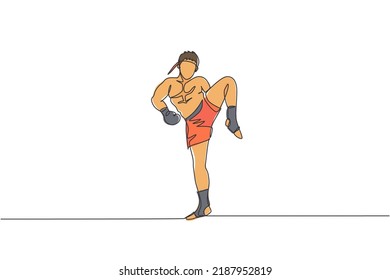 Single continuous line drawing of young sportive man training thai boxing at gym club center. Combative muay thai sport concept. Competition event. Trendy one line draw design vector illustration