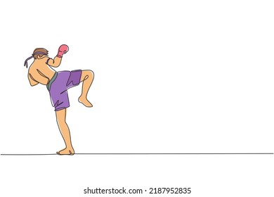 Single continuous line drawing young sportive man training thai boxing at gym club center. Combative muay thai sport concept. Competition event. Trendy one line draw design graphic vector illustration