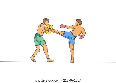Single continuous line drawing of young sportive man kickboxer exercise with personal trainer in sport hall. Fight competition kickboxing sport concept. Trendy one line draw design vector illustration