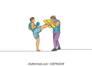 Single continuous line drawing of young sportive man kickboxer exercise with personal trainer and punch bag in sport hall. Fight kickboxing sport concept. One line draw design vector illustration