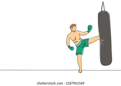 Single continuous line drawing of young sportive man kickboxer exercise side kicking with punch bag in sport hall. Fight competition kickboxing sport concept. One line draw design vector illustration