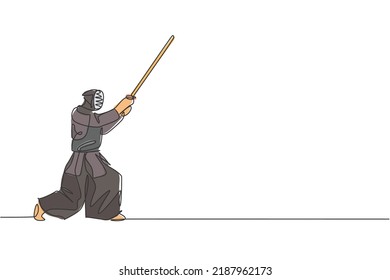 Einzelne fortlaufende Zeichnung von jungen Sportlern, die Kendo-Blockade üben, attackieren Kampfkunst-Geschick im Sportzentrum. Bekämpfung des Sportkonzepts. Trendfarbene 1-zeilige Zeichengestaltung, Vektorgrafik