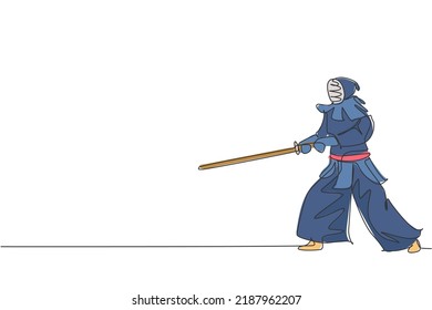 Einzelne fortlaufende Zeichnung von jungen Sportlern, die Kendo-Positionen in Kampfkunst im Sportzentrum praktizieren. Bekämpfung des Sportkonzepts. Trendfarbene 1-zeilige Zeichengestaltung, Vektorgrafik