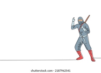 Einzelne fortlaufende Zeichnung der jungen japanischen Kultur Ninja Krieger auf Maske Kostüm mit Angriffspunkt Haltung Pose. Kampfkunst gegen Samurai-Konzept. Trendfarbene 1-zeilige Zeichengestaltung, Vektorgrafik