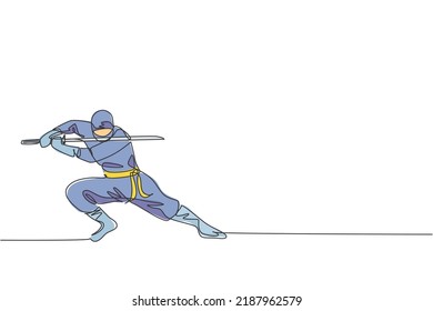 Dibujo de una sola línea de la joven guerrera de la cultura japonesa ninja con disfraz de máscara con pose de postura atacante. Arte marcial luchando contra el concepto samurai. Ilustración del vector de diseño de trazas de una línea