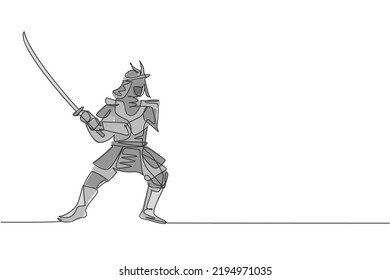 Dibujo de una sola línea contínua de jóvenes y fuertes shogun samurai usando uniforme tradicional sosteniendo la espada en el festival. Concepto de antiguo soldado de combate. Ilustración del vector de diseño de trazas de una línea