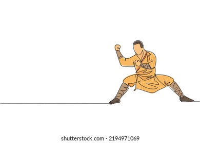 Single continuous line drawing young muscular shaolin monk man train martial art at shaolin temple. Traditional Chinese kung fu fight concept. Trendy one line draw graphic design vector illustration