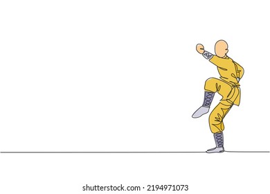 Una sola línea continua dibujando al joven musulmán shaolin monk entrando arte marcial en el templo de shaolin. Concepto tradicional de lucha de kung fu chino. Ilustración de diseño gráfico de tracción de una línea de moda