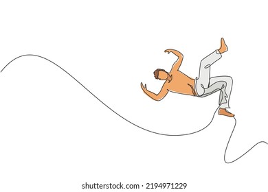 Single Continuous Line Drawing Of Young Sportive Man Practice Brazilian Capoeira Move Dance At Outdoor Street. Culture Martial Art And Sport Concept. Trendy One Line Draw Design Vector Illustration