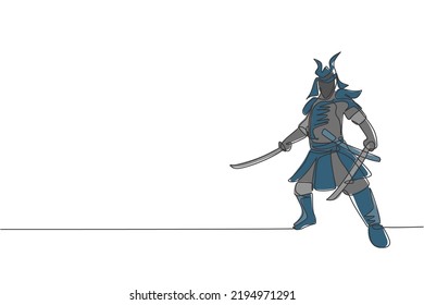 Einmaliges, durchlaufendes Zeichnen von jungen, starken Samurai-Shogun mit traditionellem, einheitlichen Holding-Schwert beim Festival. Konzept eines alten Kampfsoldaten Trendfarbene 1-zeilige Zeichengestaltung, Vektorgrafik