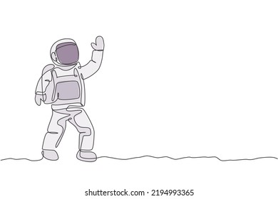 Dibujo de una sola línea continua de un joven científico cosmonauta que descubre el universo de la caminata espacial al estilo vintage. Concepto de viajero cósmico astronauta. Ilustración de diseño gráfico de tracción de una línea de moda