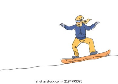 Single continuous line drawing of young sportive snowboarder woman riding snowboard at mountain. Outdoor extreme sport. Winter season vacation concept. Trendy one line draw design vector illustration