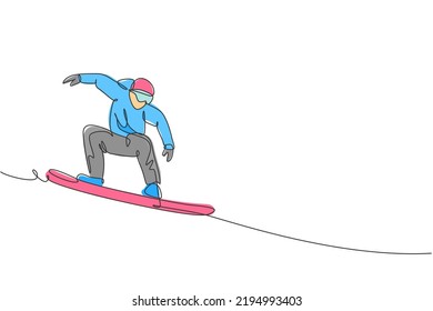 Single continuous line drawing of young sportive snowboarder man riding snowboard at mountain. Outdoor extreme sport. Winter season vacation concept. Trendy one line draw design vector illustration