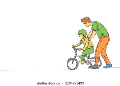 Single continuous line drawing of young kids boy learning ride bicycle with father at outdoor park. Parenthood lesson. Family time concept. Trendy one line draw design graphic vector illustration