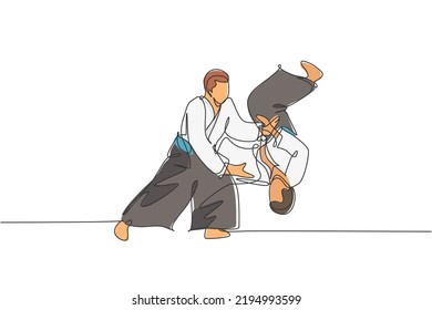 Single continuous line drawing of young sportive man wearing kimono practice throwing enemy in aikido fighting technique. Japanese martial art concept. Trendy one line draw design vector illustration