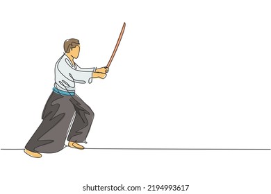 Single continuous line drawing of young sportive man wearing kimono practice aikido fighting technique with wooden sword. Japanese martial art concept. Trendy one line draw design vector illustration