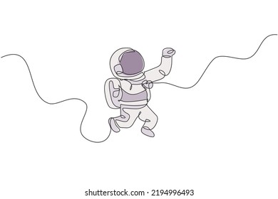 Single continuous line drawing of young cosmonaut scientist discovering spacewalk universe in vintage style. Astronaut cosmic traveler concept. Trendy one line draw design vector graphic illustration