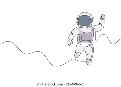 Single continuous line drawing of young cosmonaut scientist discovering spacewalk universe in vintage style. Astronaut cosmic traveler concept. Trendy one line draw graphic design vector illustration