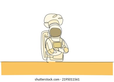 Single continuous line drawing of young astronaut chef crossing her hands cross the chest, pose in outer space cafe. Healthy restaurant cuisine concept. Trendy one line draw design vector illustration