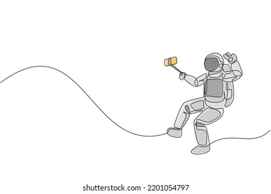 Single Continuous Line Drawing Of Young Astronaut Doing Selfie Shoot While Floating In Outer Space. Space Man Cosmic Galaxy Concept. Trendy One Line Draw Graphic Design Vector Illustration