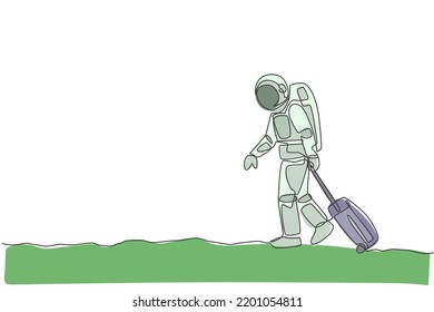 Single continuous line drawing young astronaut pulling suitcase while walking out from airport in moon surface. Space man cosmic galaxy concept. Trendy one line draw design graphic vector illustration