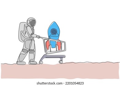 Single continuous line drawing of young astronaut pushing shopping cart in supermarket and buying rocket toy. Cosmonaut outer space concept. Trendy one line draw design graphic vector illustration