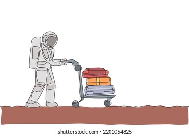 Single continuous line drawing of young astronaut pushing luggage trolley with bags and suitcase in moon surface. Cosmonaut outer space concept. Trendy one line draw graphic design vector illustration