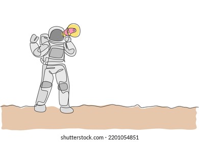 Single continuous line drawing young astronaut holding megaphone and speaking loudly to public in moon surface. Cosmonaut outer space concept. Trendy one line draw graphic design vector illustration