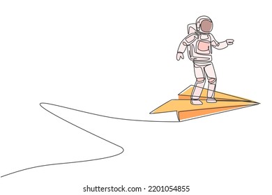 Single Continuous Line Drawing Of Young Astronaut Standing Steady Still At Flying Paper Plane On The Sky. Cosmonaut Outer Space Concept. Trendy One Line Draw Graphic Design Vector Illustration