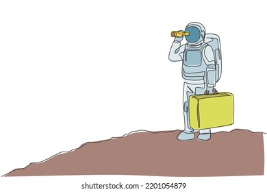 Single continuous line drawing of young astronaut holding suitcase and looking with binocular in moon surface. Space man cosmic galaxy concept. Trendy one line draw design graphic vector illustration