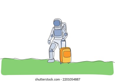 Single continuous line drawing of young astronaut carrying luggage bag want to travel in moon surface. Space man cosmic galaxy concept. Trendy one line draw design graphic vector illustration