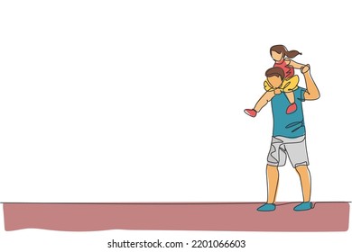 Single continuous line drawing of young happy father playing together and lifting his daughter on shoulder. Happy family concept. Trendy one line draw design graphic vector illustration