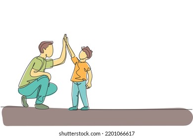 Single continuous line drawing of young dad giving high five gesture to son for success school achievement, parenthood time. Family parenting concept. Trendy one line draw design vector illustration