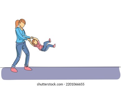 Single continuous line drawing of young mom playing with her son at home, lifting and swinging at home, parenthood. Family parenting concept. Trendy one line draw design vector illustration graphic