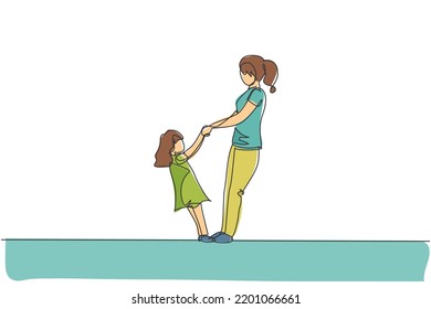 Single continuous line drawing young mother   her daughter holding hands   dancing together at home  Happy family parenting concept  Trendy one line draw graphic design vector illustration