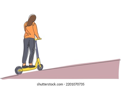 Single continuous line drawing of young happy woman riding electric scooter at public area. Eco friendly transportation. Urban lifestyle concept. Trendy one line draw design vector illustration