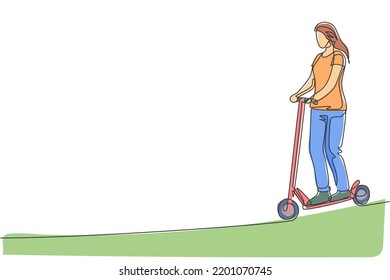 Single continuous line drawing young happy woman riding electric scooter at public area. Eco friendly transportation. Urban lifestyle concept. Trendy one line draw graphic design vector illustration