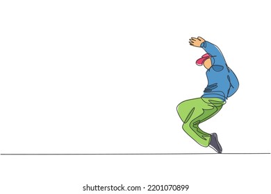 Single continuous line drawing of young energetic hip-hop dancer man on hoodie practice break dancing in street. Urban generation lifestyle concept. Trendy one line draw design vector illustration