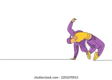 Single continuous line drawing of young energetic hip-hop dancer man on tracksuit practice break dancing in street. Urban generation lifestyle concept. Trendy one line draw design vector illustration