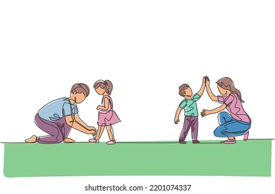 Single continuous line drawing of young mom giving high five to son and dad tying his daughter shoelaces at home. Happy family parenting concept. Trendy one line draw design vector illustration