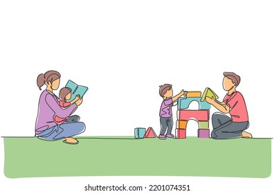 Single continuous line drawing of young mother reading book to daughter and father playing block puzzle house with son at home. Happy family parenting concept. One line draw design vector illustration