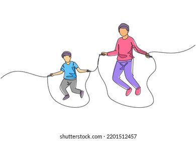 Single continuous line drawing young father and his son exercise jumping with skipping rope at park near home. Happy family parenthood concept. Trendy one line draw design graphic vector illustration