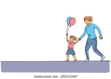 Single continuous line drawing of young mother and her daughter go to night carnival festival while the kid holding balloon. Happy family parenthood concept. One line draw design vector illustration