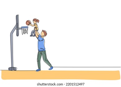 Single continuous line drawing of young father raise his daughter to score when playing basketball game at home field. Happy family parenthood concept. Trendy one line draw design vector illustration