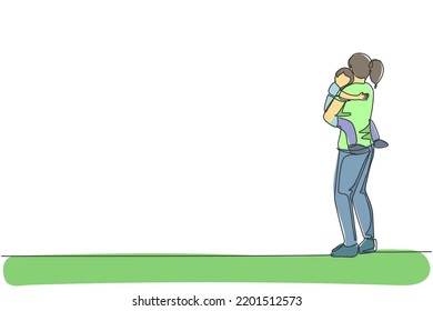 Single continuous line drawing young mom carrying her sleepy tired son go to the bed room at home, happy parenting. Family loving care concept. Trendy one line draw design vector graphic illustration